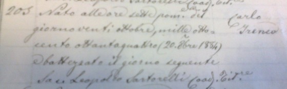 Dal registro dei battesimi del 1884.